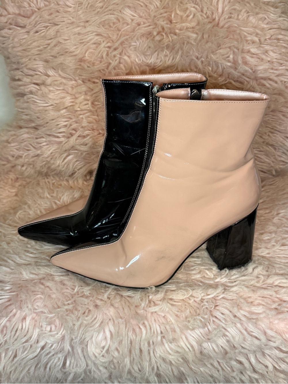 Public Desire Two-Tone Patent Pointed Ankle Boots in Blush and Black
